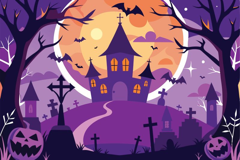 Haunted Mansion Halloween Night Graveyard Bats By AI DESIGN 0